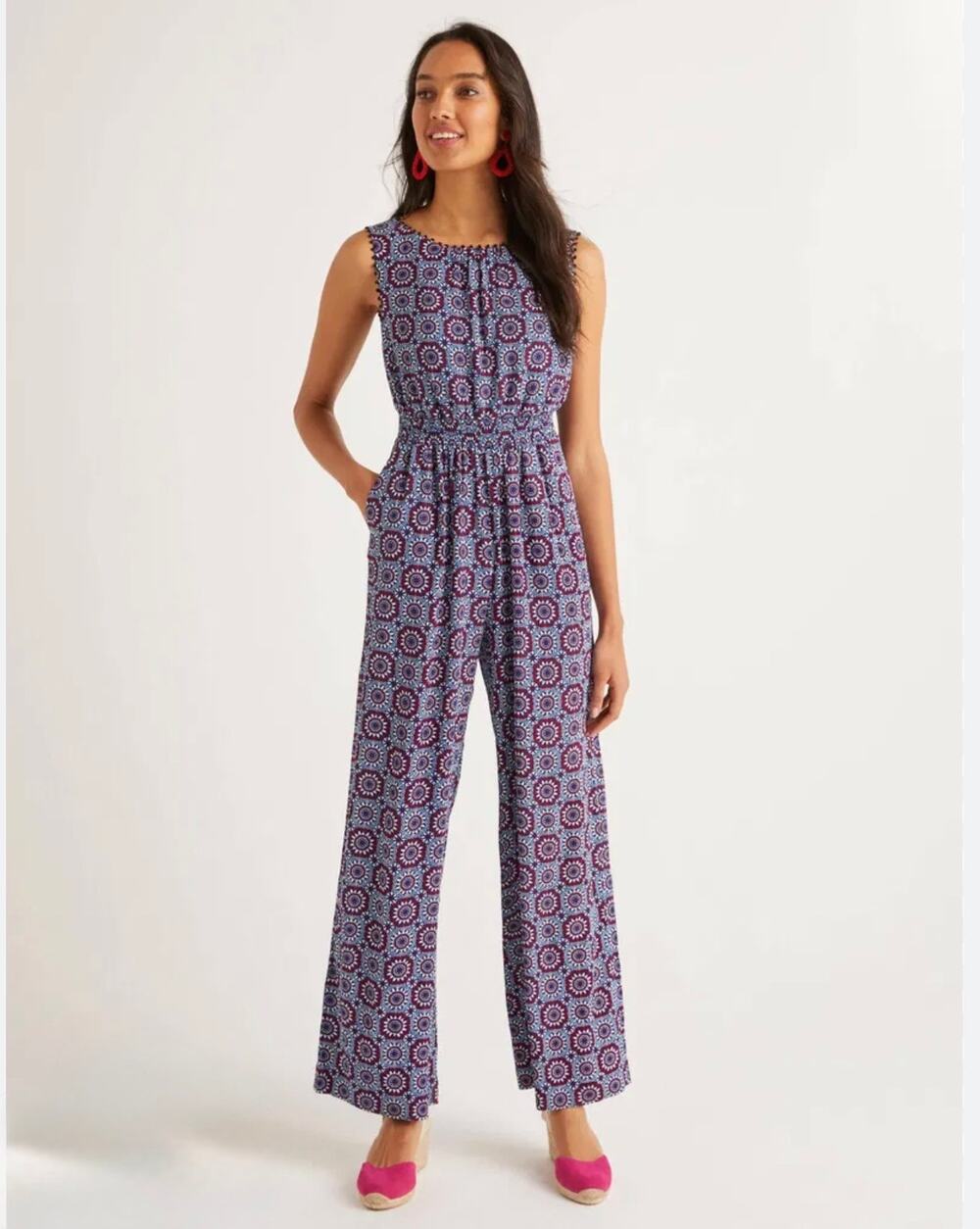 Boden Women's Blue Purple Medallion Elisa Pompom Trim Sleeveless Jumpsuit Size 8